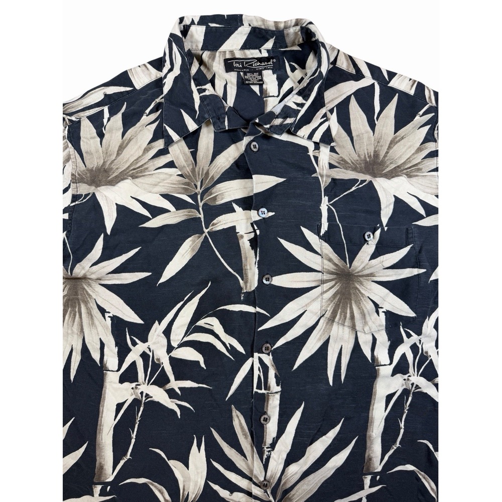 Tori Richard Mens 2XL Black Beige Floral Hawaiian Shirt 100% Silk Aloha